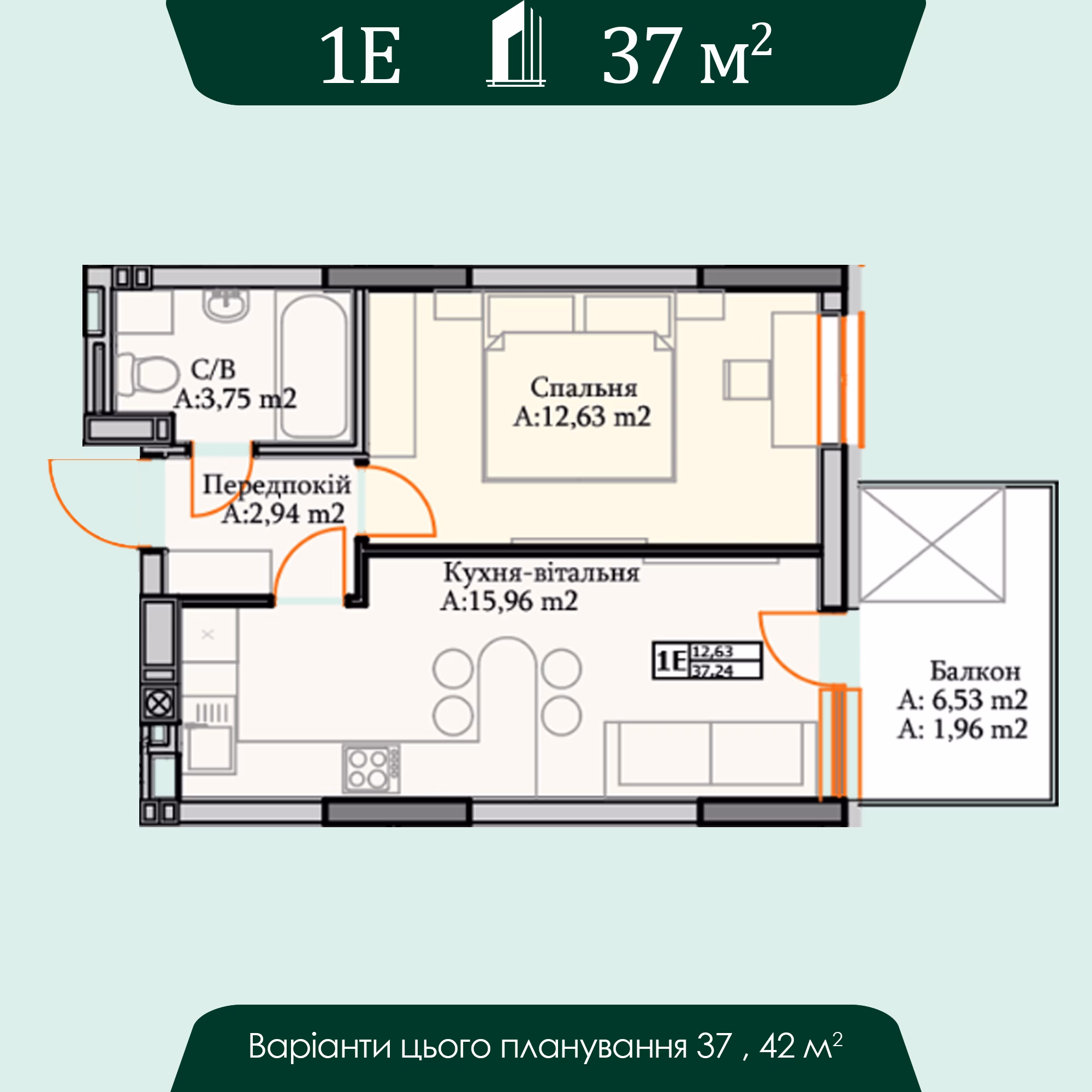 1 кімн. кв. 37 м2